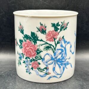 Vtg Flower Pot Vase Rose Blue Ribbon Floral 3.75x3.5" Cottagecore Grandmacore
